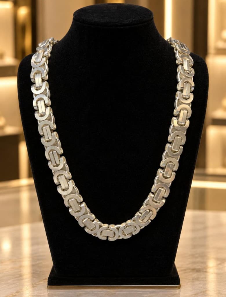 Sterling silver Byzantine chain on a black bust