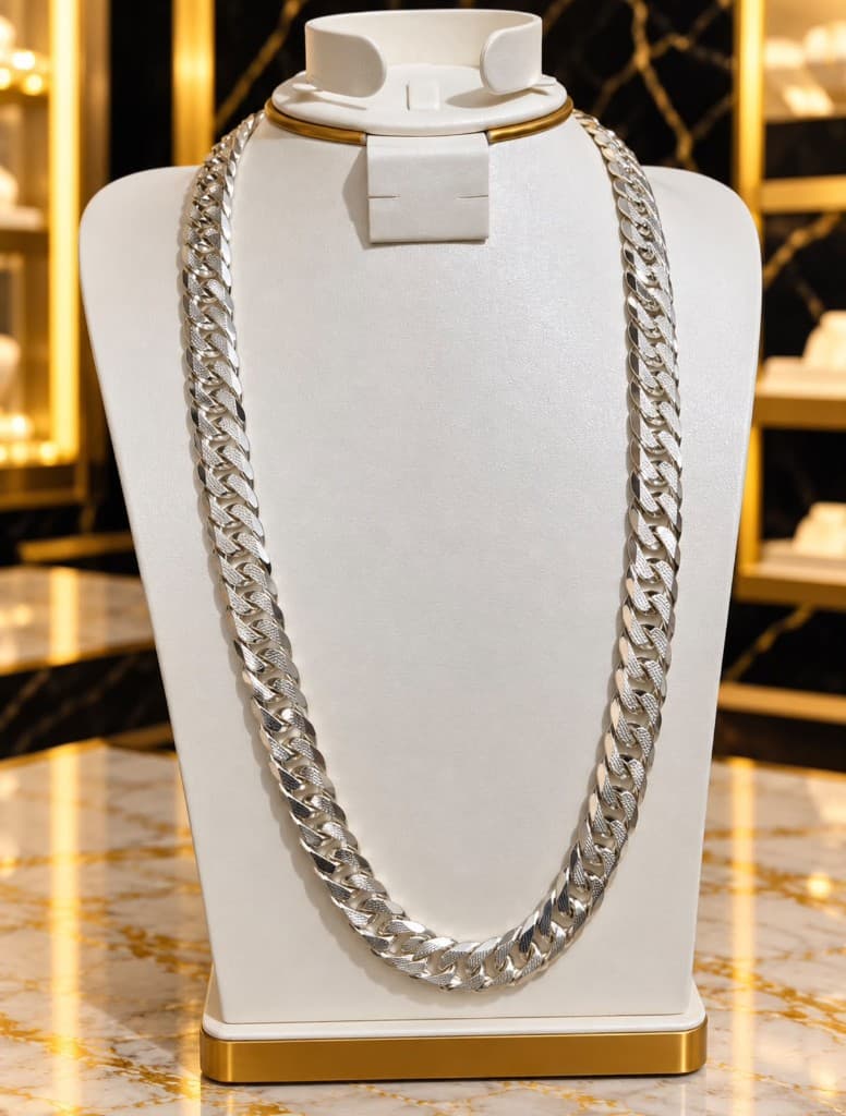 Sterling silver Cuban link chain on display