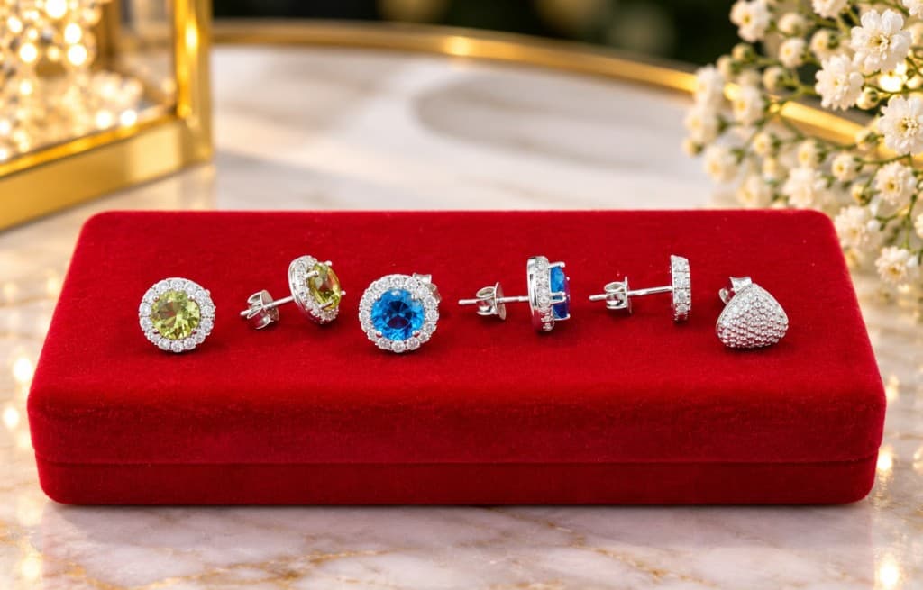 Assorted silver stud earrings with gemstone accents
