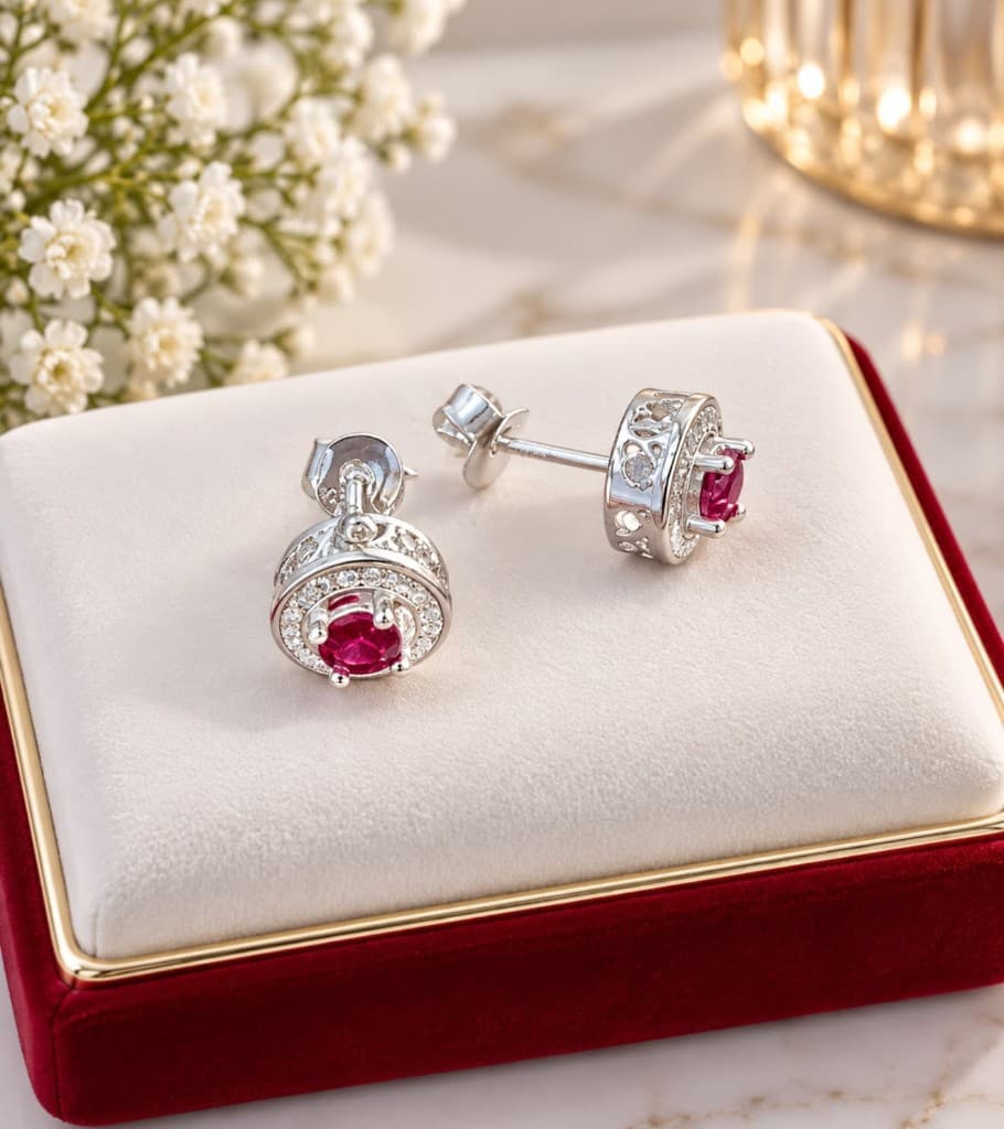Ruby halo stud earrings on a jewelry box